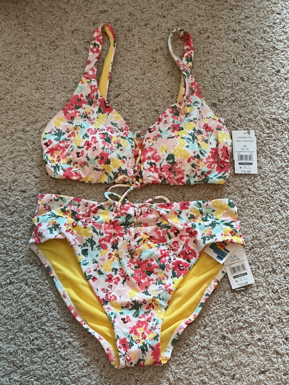 Time and Tru Floral Tie-Front Bikini in White, Yellow, Pink, Green